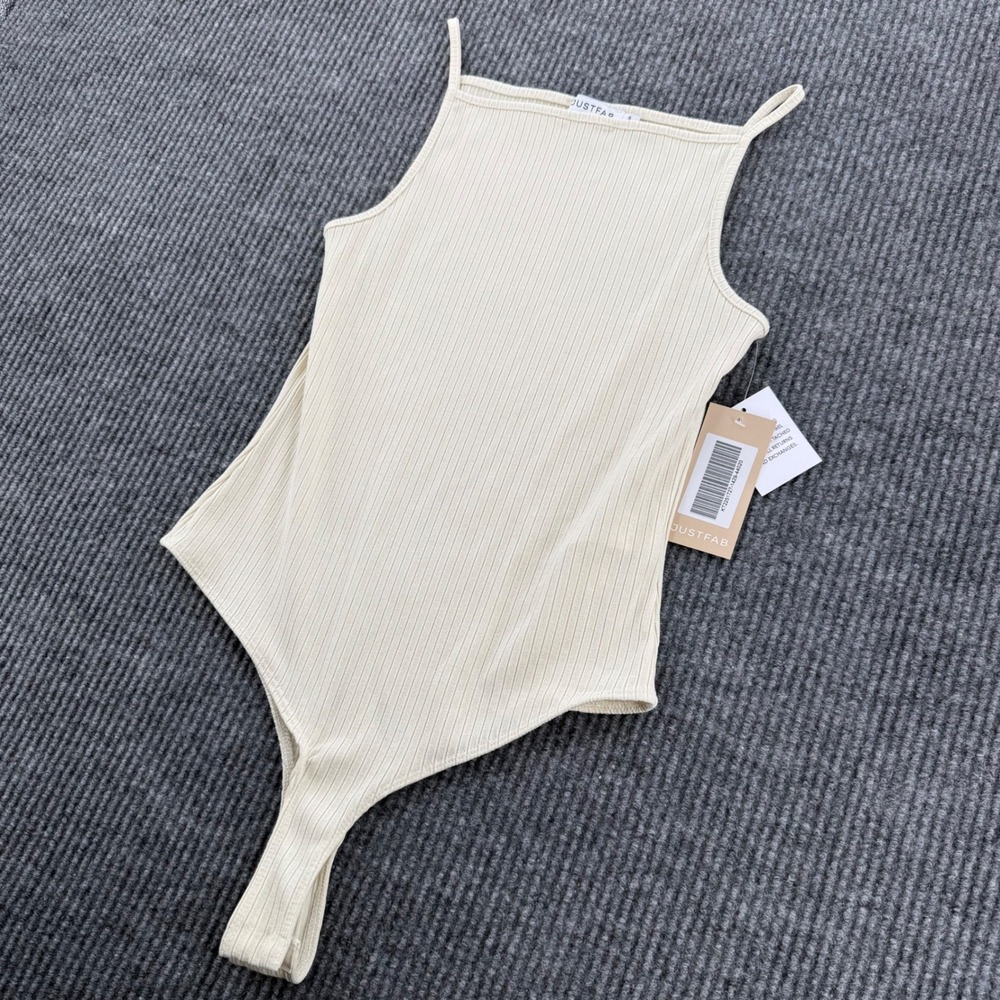 JustFab Womens Small Cream Ribbed Sleeveless Square Neck Bodysuit